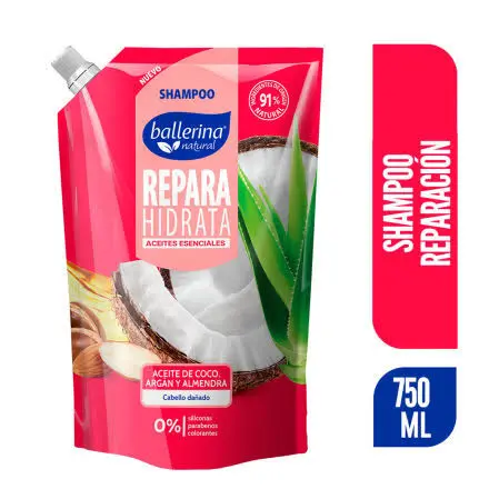 Shampoo BALLERINA 750ml repara hidrata aceite de coco,argán y almendra