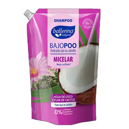 Shampoo BALLERINA 750ml bajo poo micelar agua de coco y flor de cactus